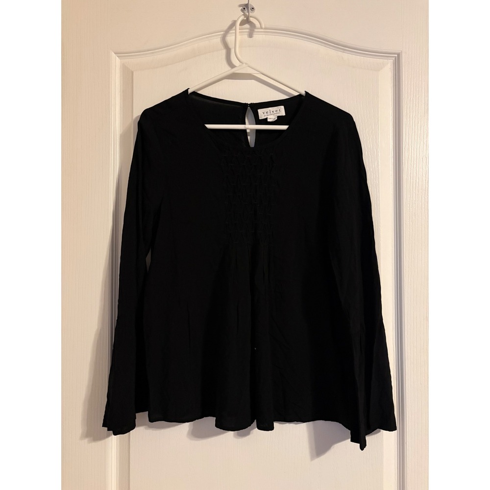 Velvet Graham & Spencer Blouse Womens M Black Excellent Bell Sleeve Smocked